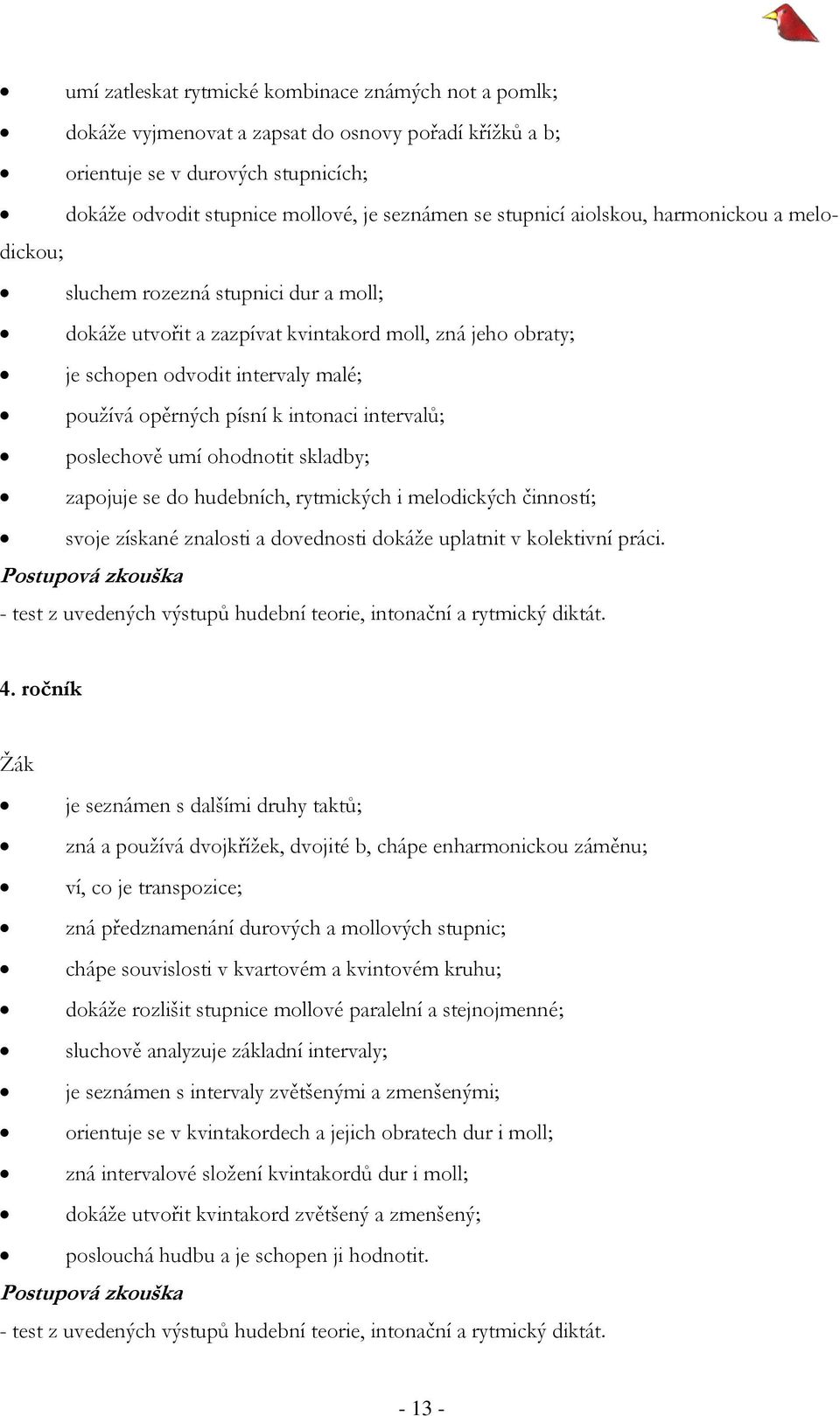 k intonaci intervalů; poslechově umí ohodnotit skladby; zapojuje se do hudebních, rytmických i melodických činností; svoje získané znalosti a dovednosti dokáže uplatnit v kolektivní práci.