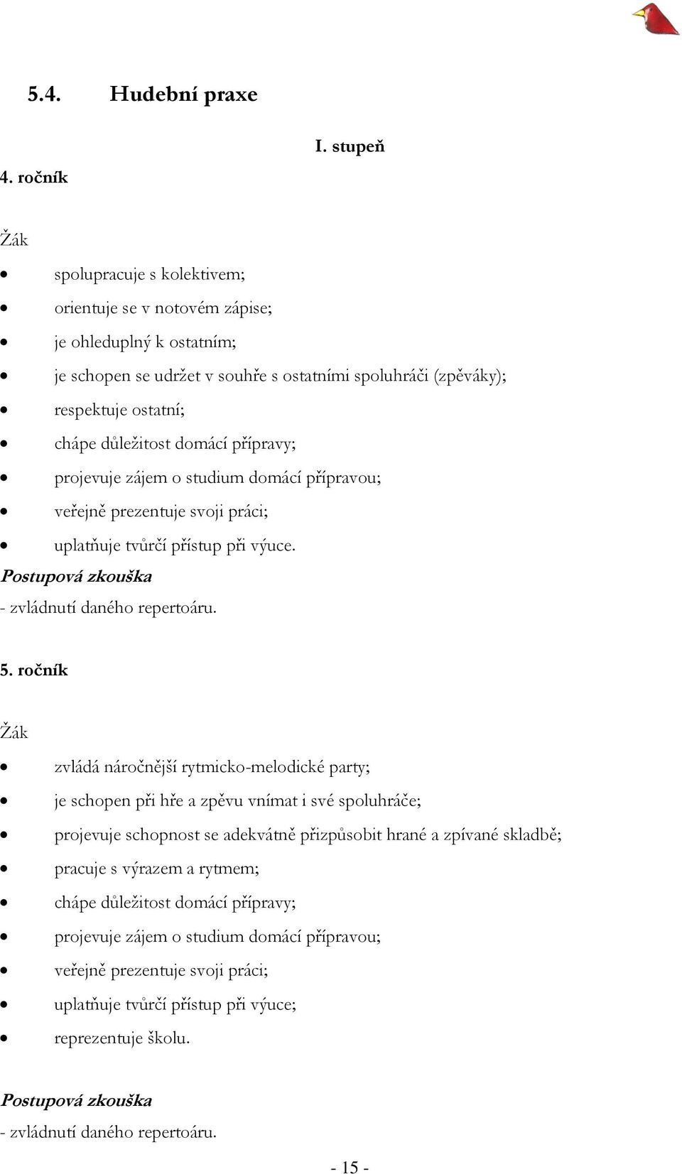 domácí přípravy; projevuje zájem o studium domácí přípravou; veřejně prezentuje svoji práci; uplatňuje tvůrčí přístup při výuce. - zvládnutí daného repertoáru. 5.