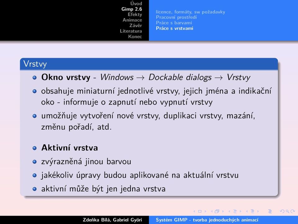 vrstvy umožňuje vytvoření nové vrstvy, duplikaci vrstvy, mazání, změnu pořadí, atd.