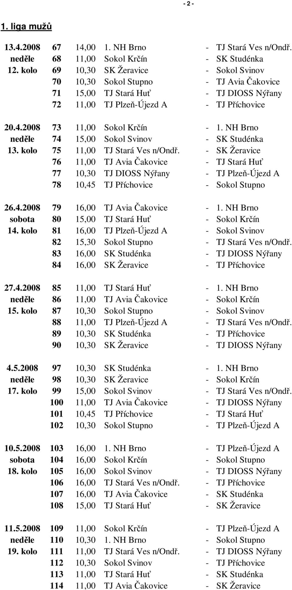 NH Brno neděle 74 15,00 Sokol Svinov - SK Studénka 13. kolo 75 11,00 TJ Stará Ves n/ondř.