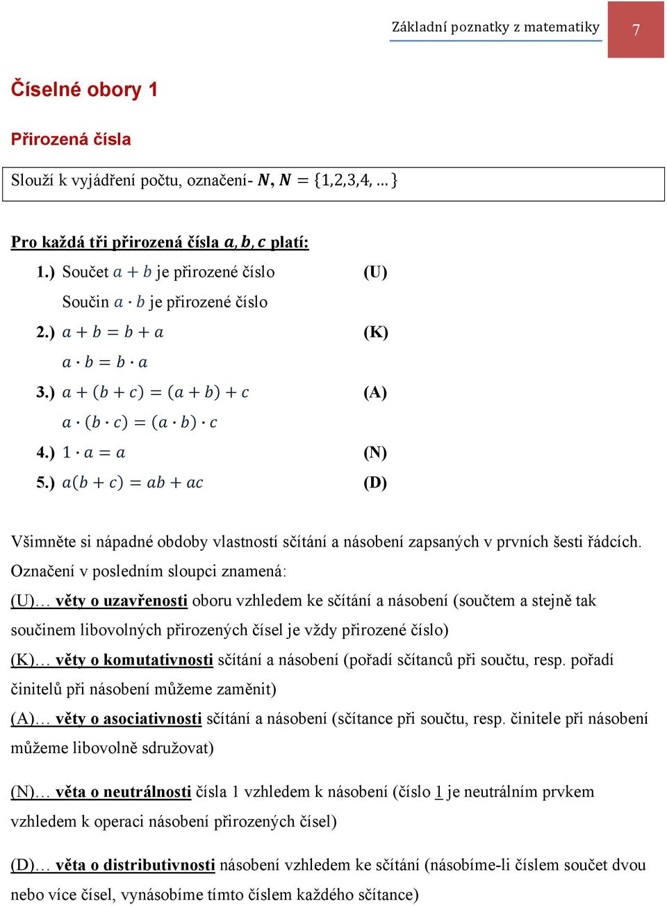 Označení v posledním sloupci znamená: (U) věty o uzavřenosti oboru vzhledem ke sčítání a násobení (součtem a stejně tak součinem libovolných přirozených čísel je vždy přirozené číslo) (K) věty o