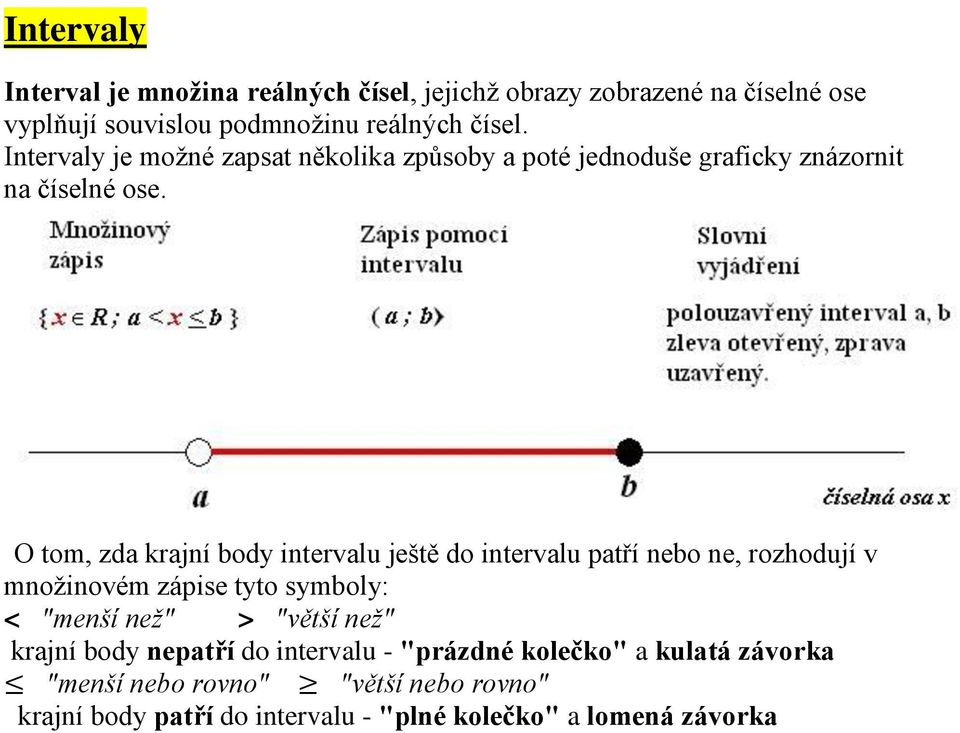 O tom, zda krajní body intervalu ještě do intervalu patří nebo ne, rozhodují v množinovém zápise tyto symboly: < "menší než" > "větší