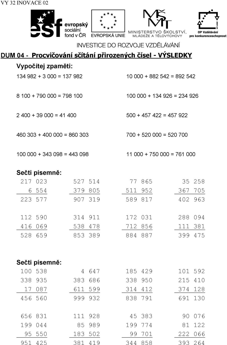 DUM 01 - Procvičování zápisu přirozených čísel v desítkové soustavě PRAC.  LIST - PDF Stažení zdarma