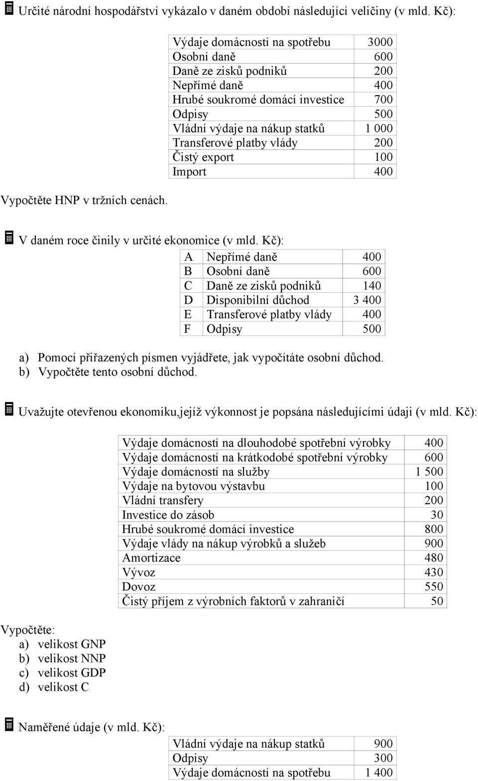 vlády 200 Čistý export 100 Import 400 V daném roce činily v určité ekonomice (v mld.