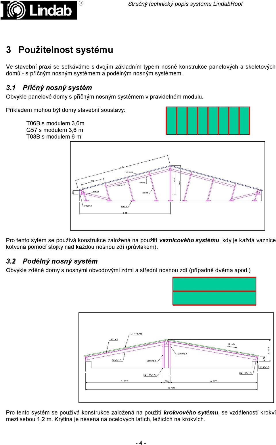 Příkladem mohou být domy stavební soustavy: T06B s modulem 3,6m G57 s modulem 3,6 m T08B s modulem 6 m Pro tento sytém se používá konstrukce založená na použití vaznicového systému, kdy je každá