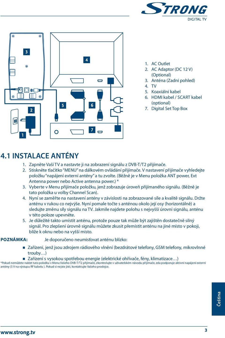 V nastavení přijímače vyhledejte položku napájení externí antény a tu zvolte. (Běžně je v Menu položka ANT power, Ext Antenna power nebo Active antenna power.) * 3.