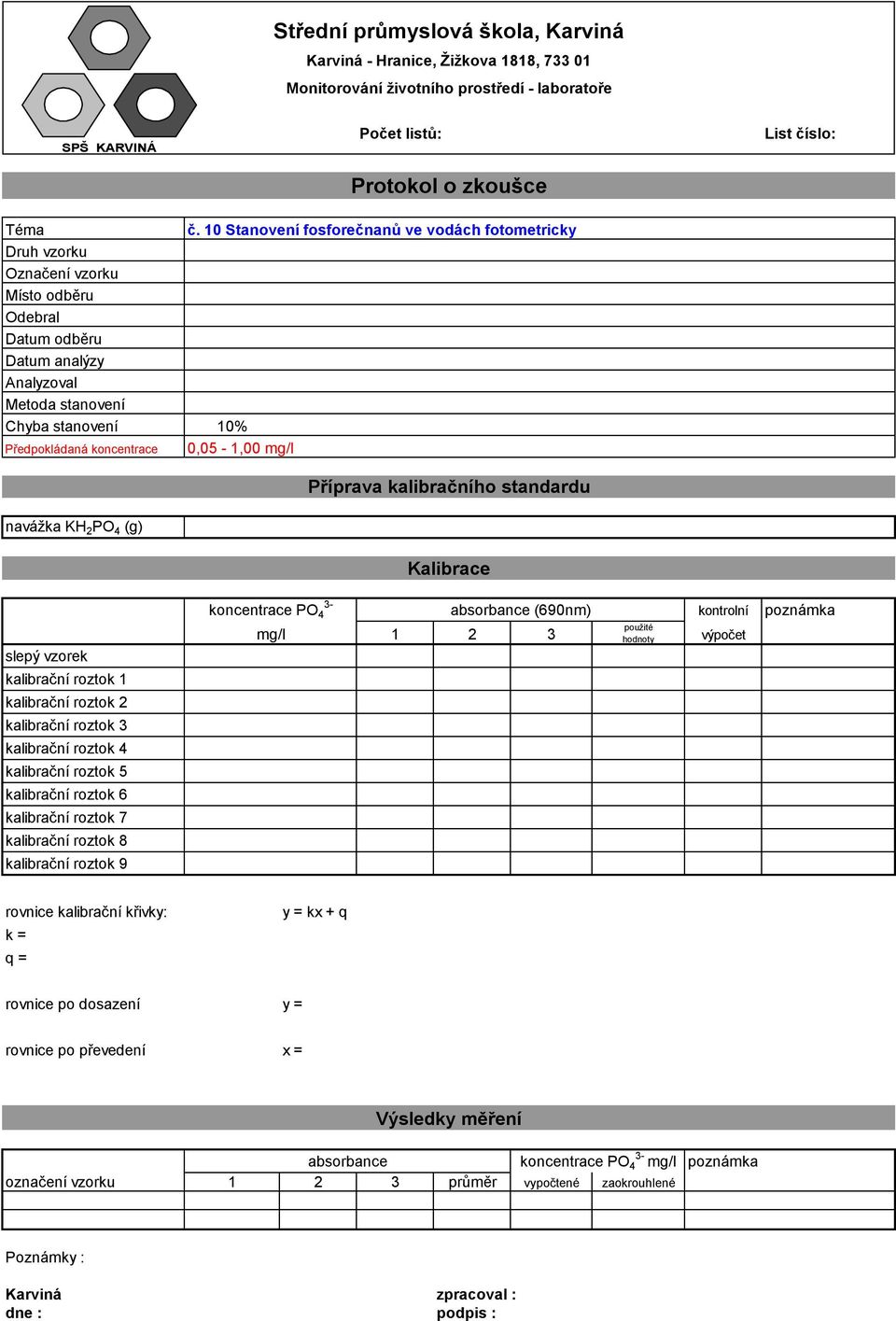 roztok 7 kalibrační roztok 8 kalibrační roztok 9 koncentrace PO 4 3 mg/l absorbance (690nm) 1 2 3 použité hodnoty kontrolní výpočet rovnice kalibrační