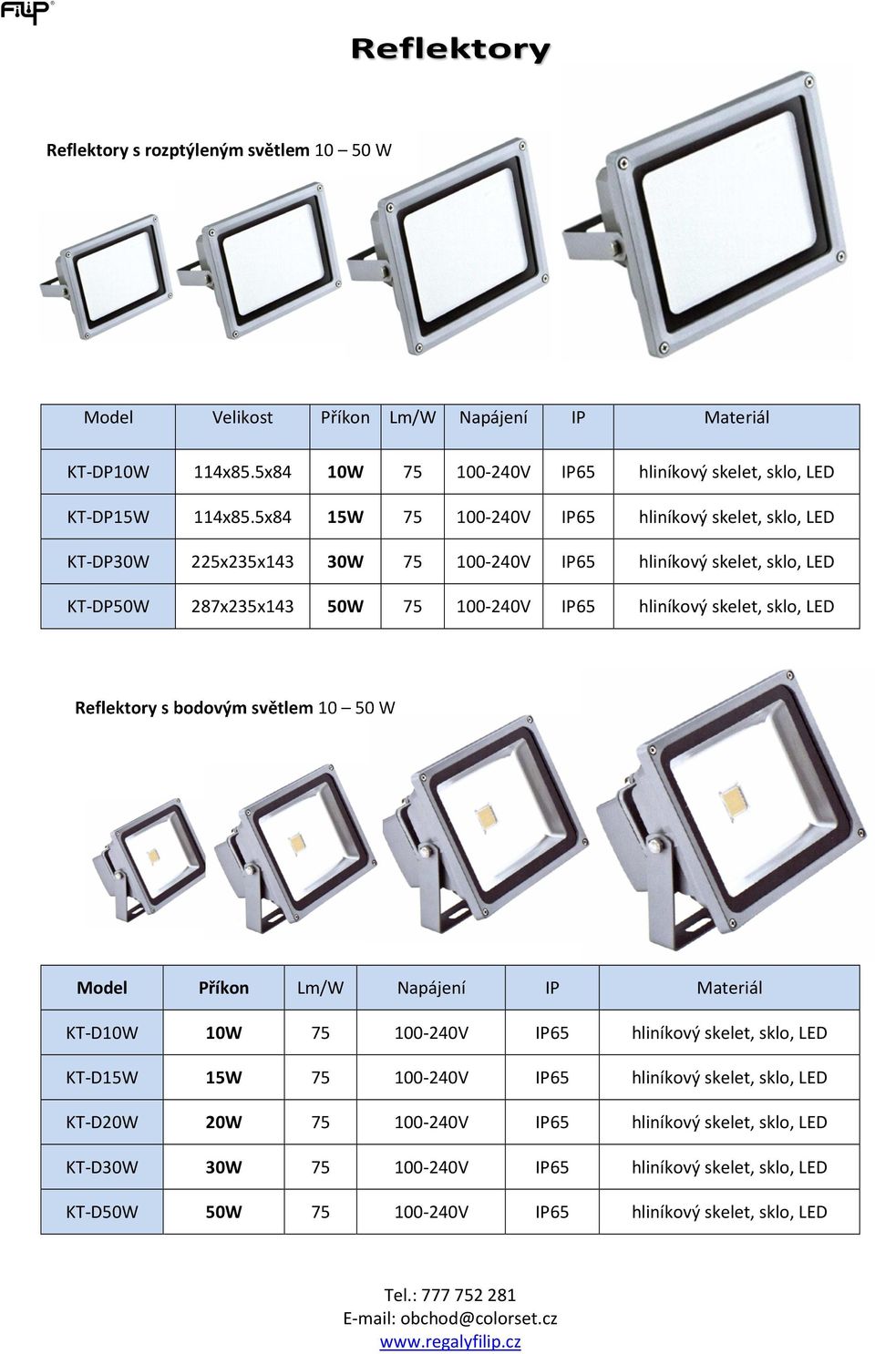 skelet, sklo, LED Reflektory s bodovým světlem 10 50 W Model Příkon Lm/W Napájení IP Materiál KT-D10W 10W 75 100-240V IP65 hliníkový skelet, sklo, LED KT-D15W 15W 75 100-240V IP65
