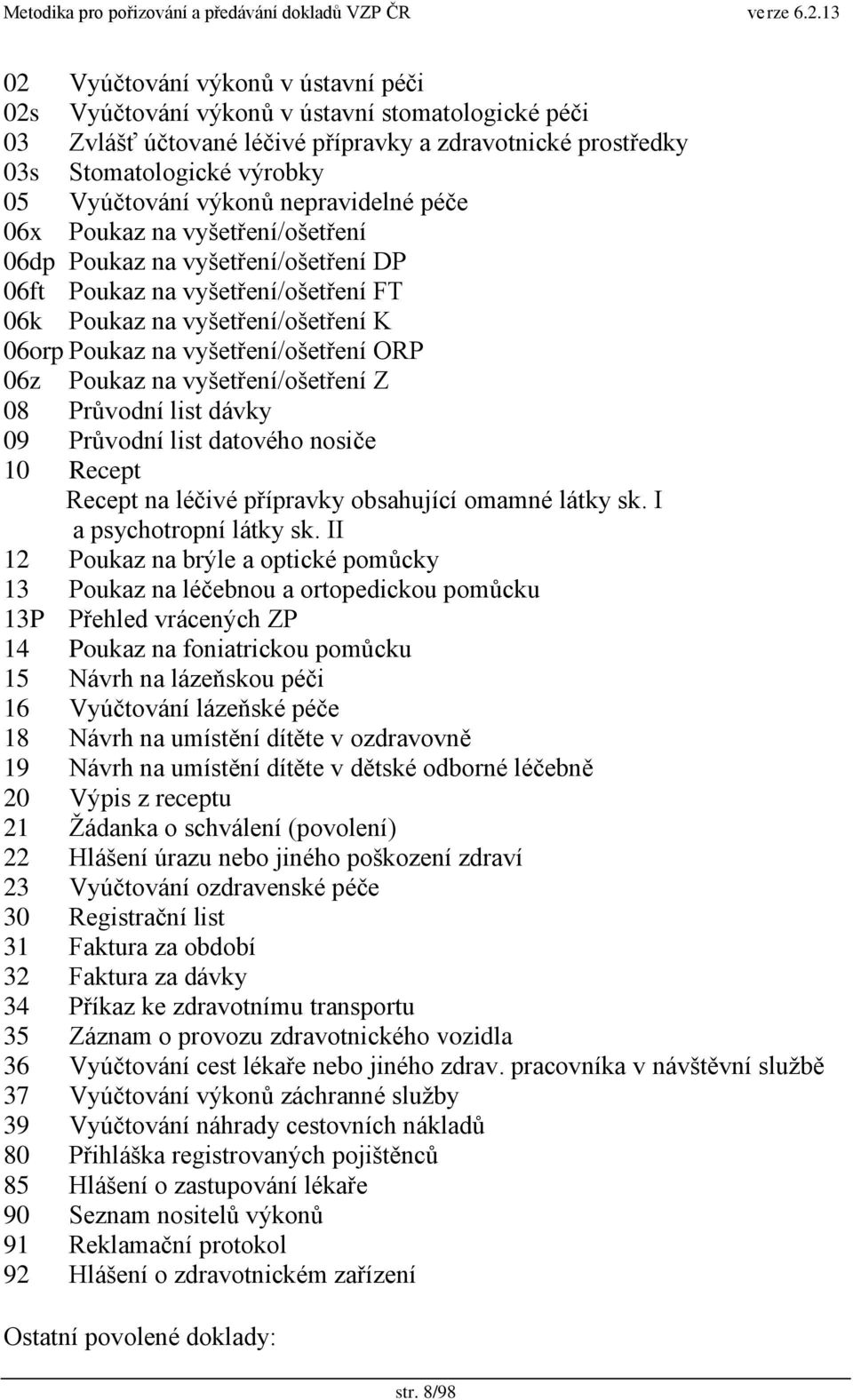 06z Poukaz na vyšetření/ošetření Z 08 Prŧvodní list dávky 09 Prŧvodní list datového nosiče 10 Recept Recept na léčivé přípravky obsahující omamné látky sk. I a psychotropní látky sk.