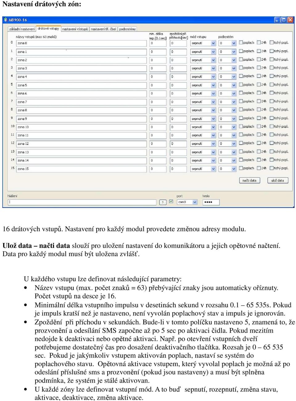 Počet vstupů na desce je 16. Minimální délka vstupního impulsu v desetinách sekund v rozsahu 0.1 65 535s. Pokud je impuls kratší než je nastaveno, není vyvolán poplachový stav a impuls je ignorován.