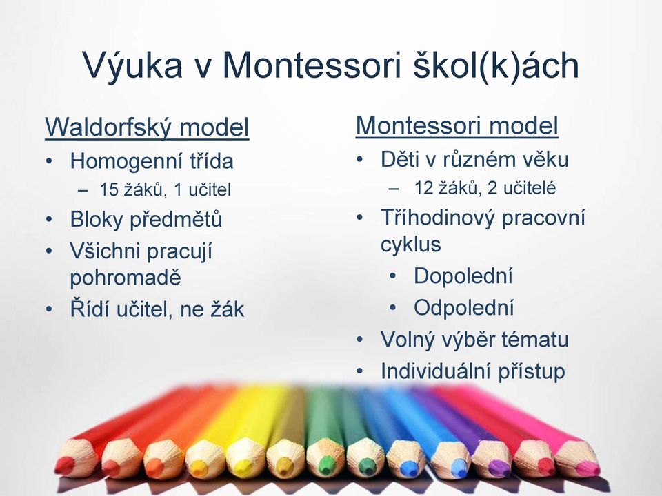 ne žák Montessori model Děti v různém věku 12 žáků, 2 učitelé