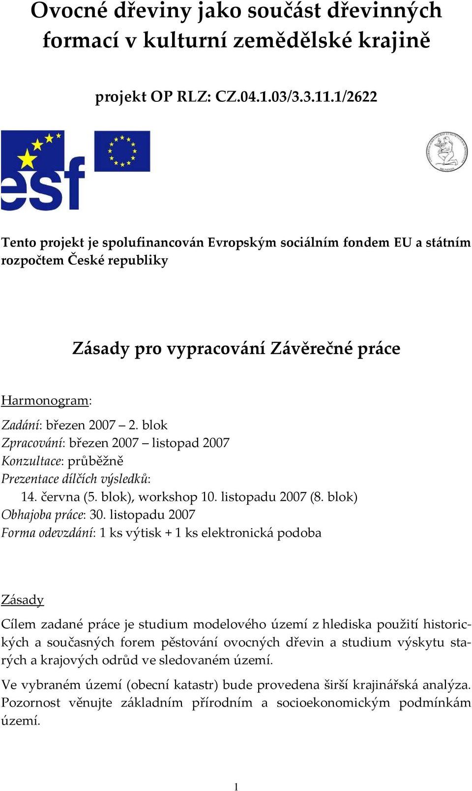 blok Zpracování: březen 2007 listopad 2007 Konzultace: průběžně Prezentace dílčích výsledků: 14. června (5. blok), workshop 10. listopadu 2007 (8. blok) Obhajoba práce: 30.