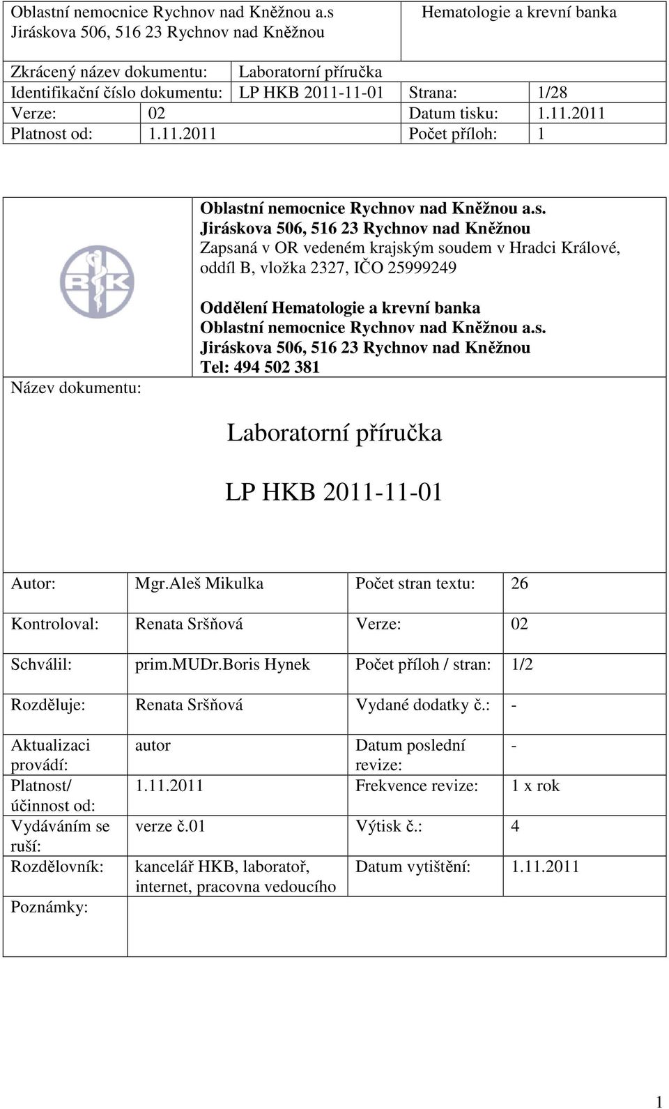 boris Hynek Počet příloh / stran: 1/2 Rozděluje: Renata Sršňová Vydané dodatky č.