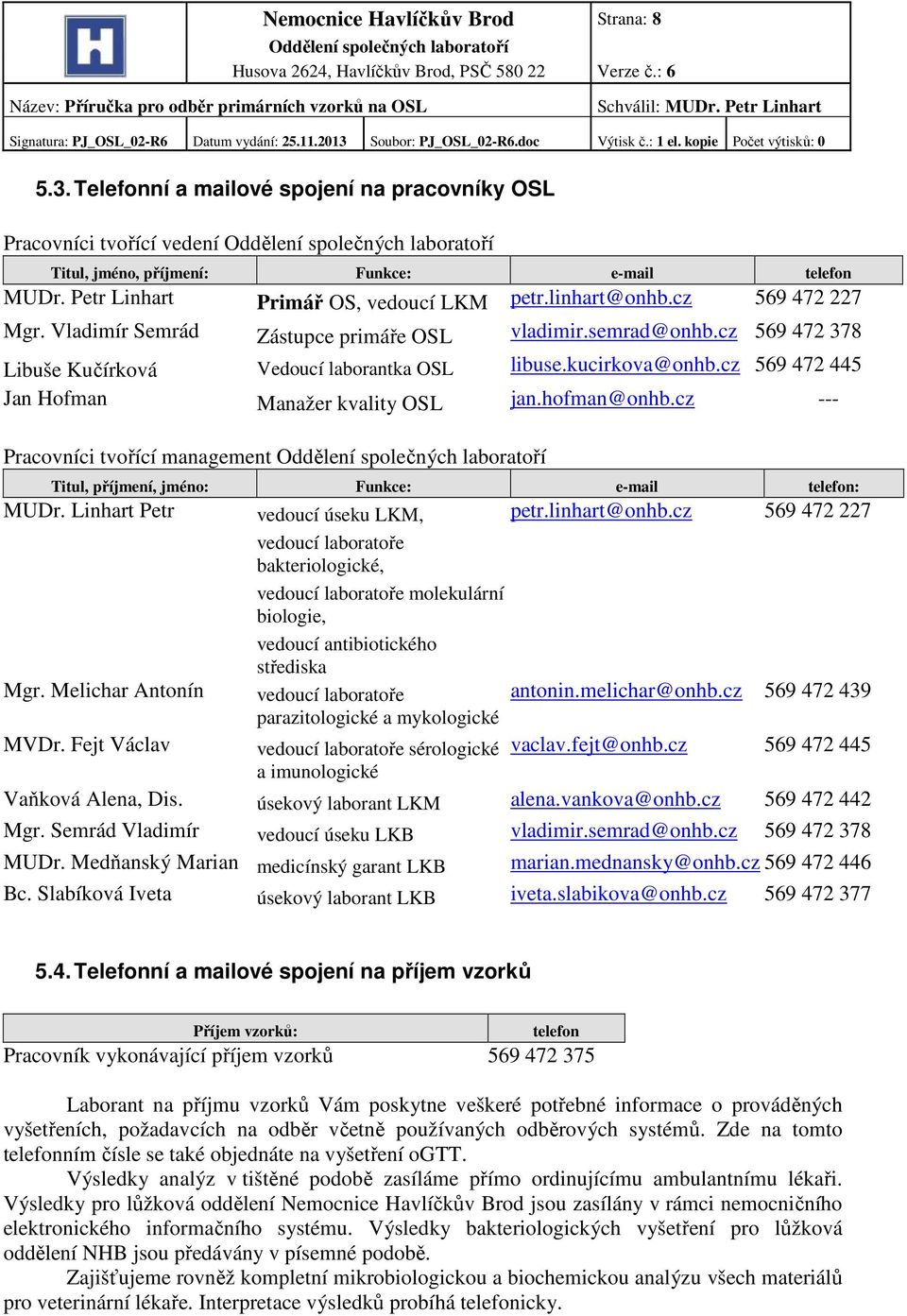 kucirkova@onhb.cz 569 472 445 Jan Hofman Manažer kvality OSL jan.hofman@onhb.cz --- Pracovníci tvořící management Titul, příjmení, jméno: Funkce: e-mail telefon: MUDr.