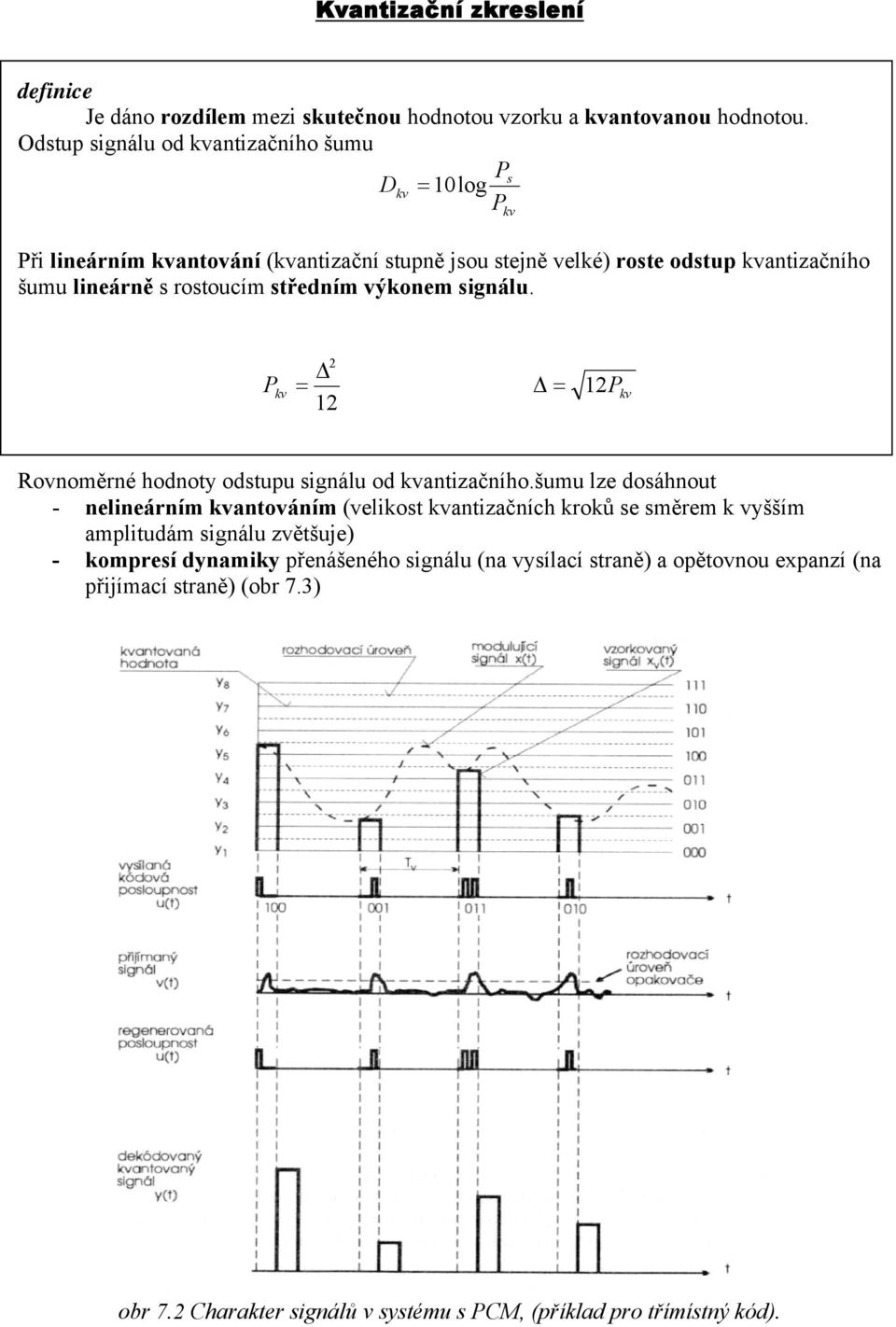 středním výkonem signálu. Ps P kv Pkv 2 12 12Pkv Rovnoměrné hodnoty odstupu signálu od kvantizačního.