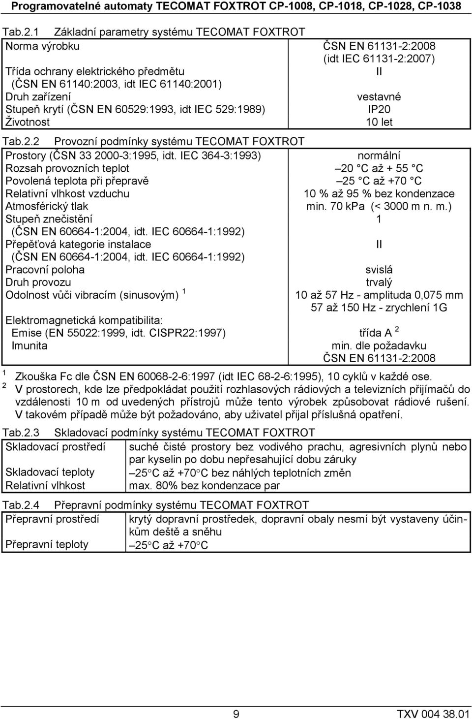 1 Základní parametry systému TECOMAT FOXTROT Norma výrobku ČSN EN 61131-2:2008 (idt IEC 61131-2:2007) Třída ochrany elektrického předmětu II (ČSN EN 61140:2003, idt IEC 61140:2001) Druh zařízení