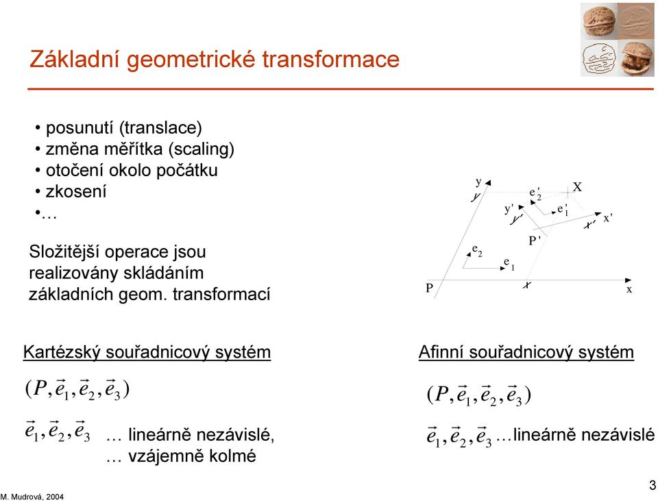 transformací P e 2 e 1 P' Kartézský souřadnicový sstém r r r ( P, e1, e2, e3) r r r e, e e 1 2, 3