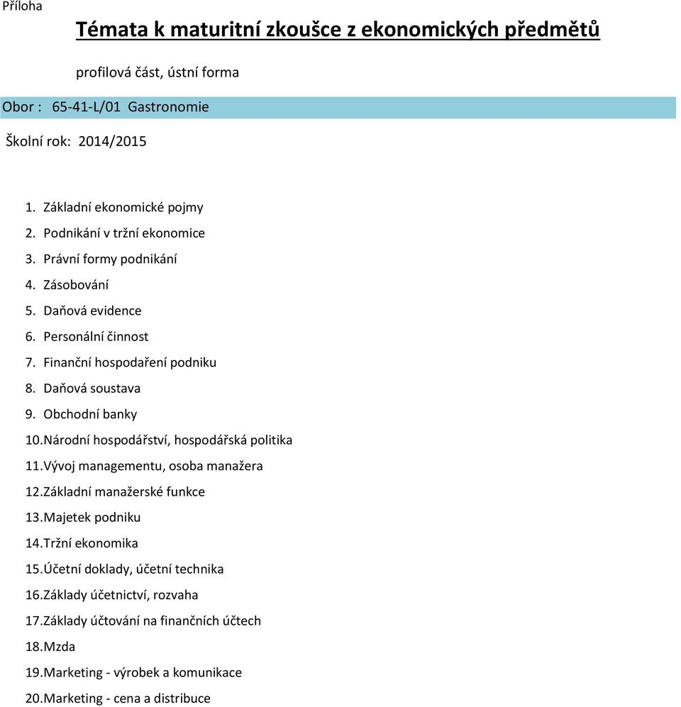 Obchodní banky 10. Národní hospodářství, hospodářská politika 11. Vývoj managementu, osoba manažera 12. Základní manažerské funkce 13. Majetek podniku 14. Tržní ekonomika 15.