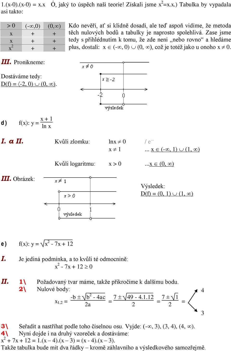 d) f(x): y = x + 1 ln x I. a II. Kvůli zlomku: lnx 0 / e... x 1... x (-, 1) (1, ) Kvůli logaritmu: x...x (0, ) III. Obrázek: Výsledek: D(f) = (0, 1) (1, ) e) f(x): y = x 2-7x + 12 I.