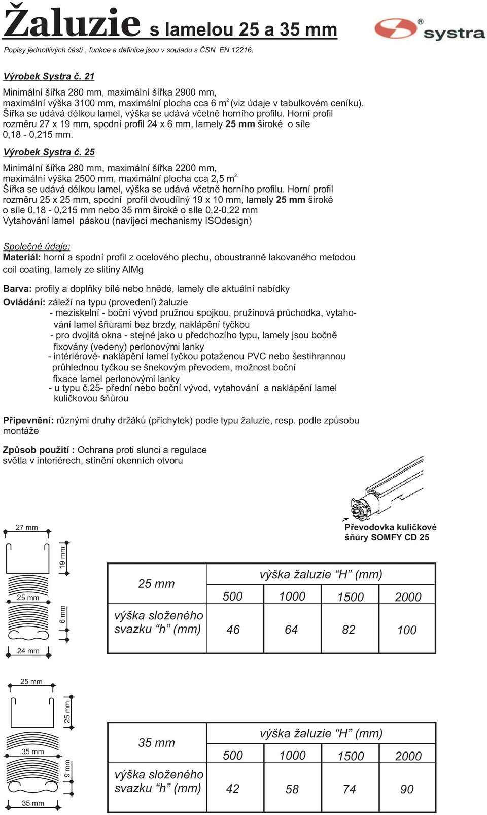 25 Minimální šíøka 280 mm, maximální šíøka 2200 mm, 2. maximální výška 2500 mm, maximální plocha cca 2,5 m Šíøka se udává délkou lamel, výška se udává vèetnì horního profilu.