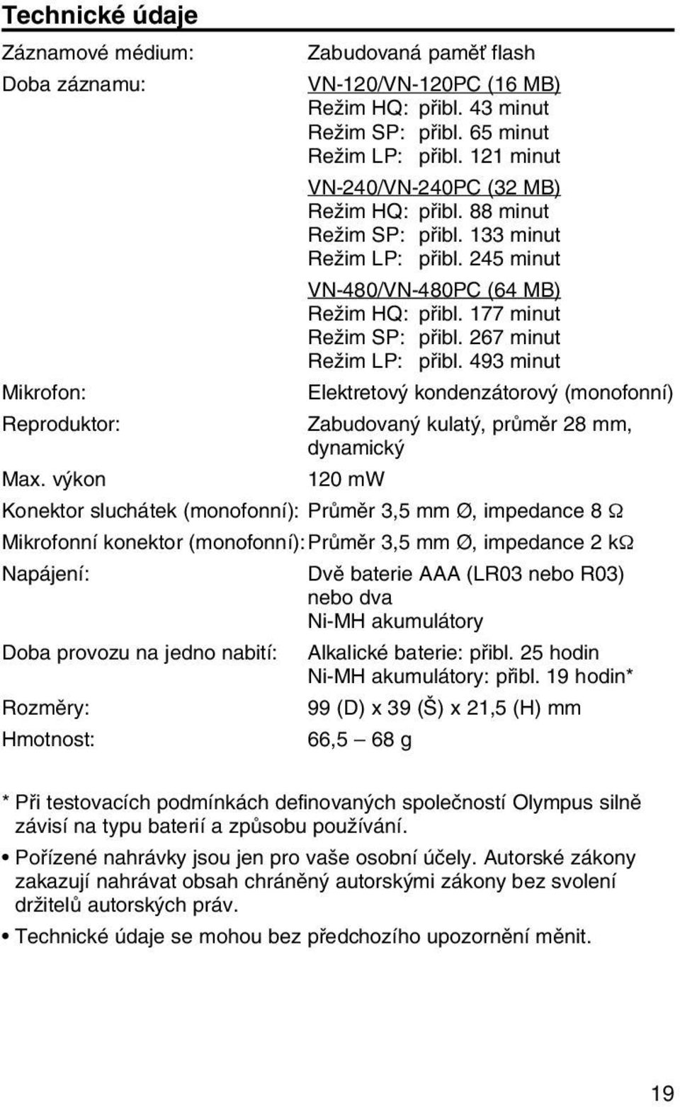 267 minut ReÏim LP: pfiibl. 493 minut Mikrofon: Elektretov kondenzátorov (monofonní) Reproduktor: Zabudovan kulat, prûmûr 28 mm, dynamick Max.