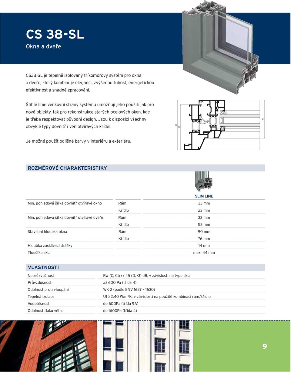 Jsou k dispozici všechny obvyklé typy dovnitř i ven otvíravých křídel. Je možné použít odlišné barvy v interiéru a exteriéru. ROZMĚROVÉ CHARAKTERISTIKY SLIM LINE Min.