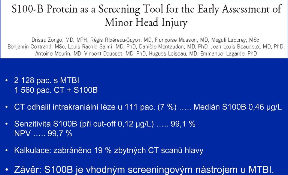 . Medián S100B 0,46 µg/l Senzitivita S100B (při cut-off 0,12 µg/l).