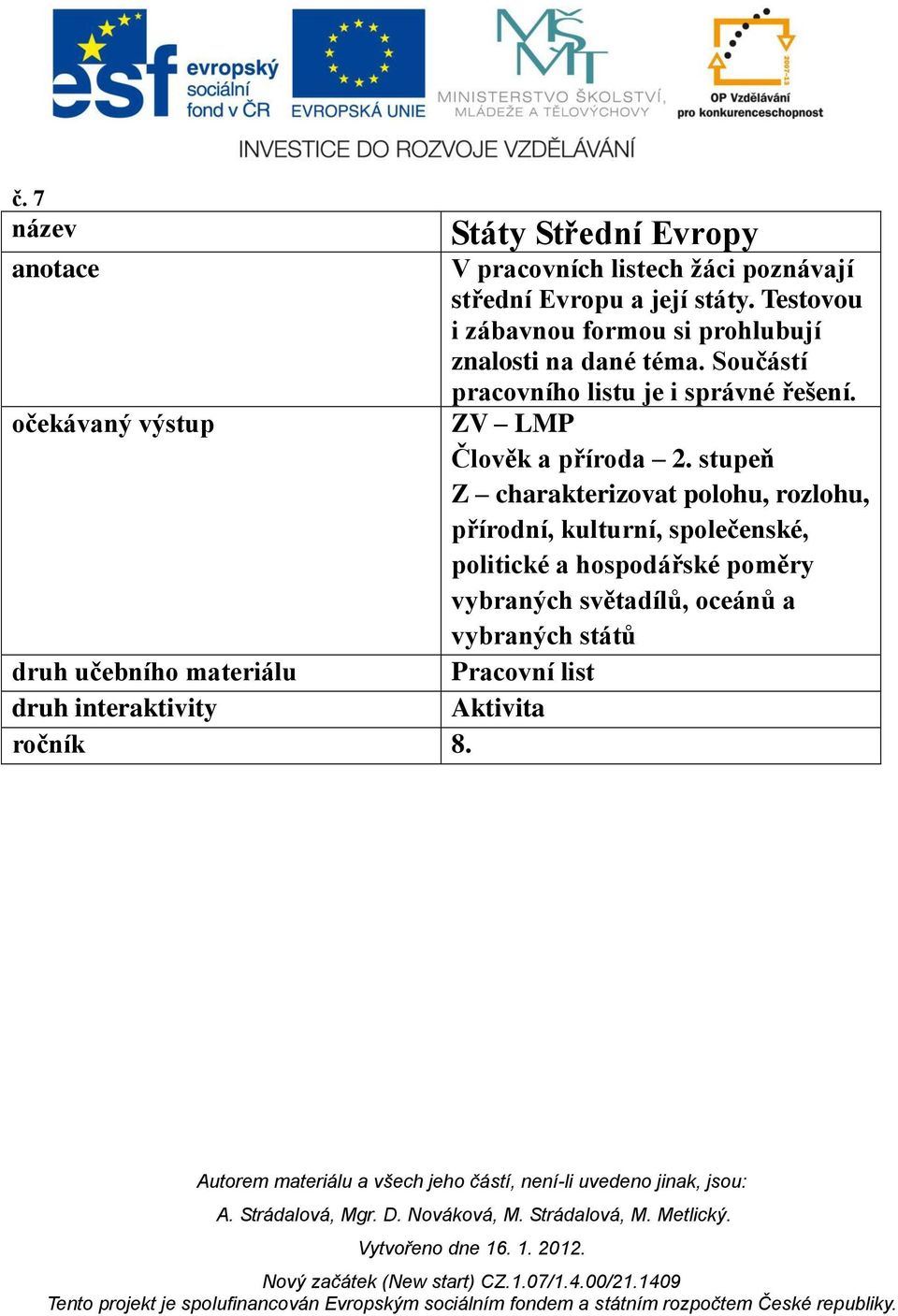 očekávaný výstup ZV LMP Člověk a příroda 2.