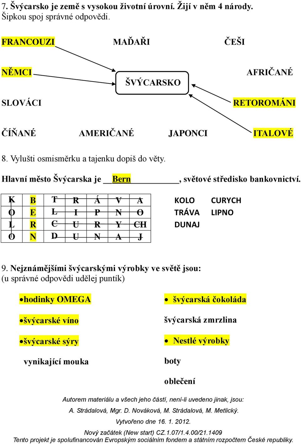 Hlavní město Švýcarska je Bern, světové středisko bankovnictví. K B T R Á V A KOLO CURYCH O E L I P N O TRÁVA LIPNO L R C U R Y CH DUNAJ O N D U N A J 9.