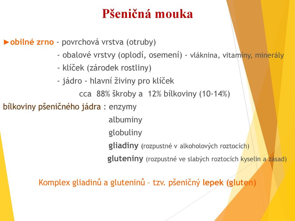 bílkoviny (10-14%) bílkoviny pšeničného jádra : enzymy albuminy globuliny gliadiny (rozpustné v alkoholových