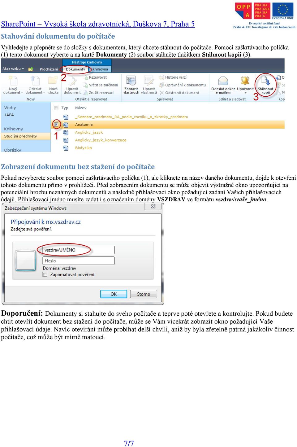 Zobrazení dokumentu bez stažení do počítače Pokud nevyberete soubor pomocí zaškrtávacího políčka (1), ale kliknete na název daného dokumentu, dojde k otevření tohoto dokumentu přímo v prohlížeči.