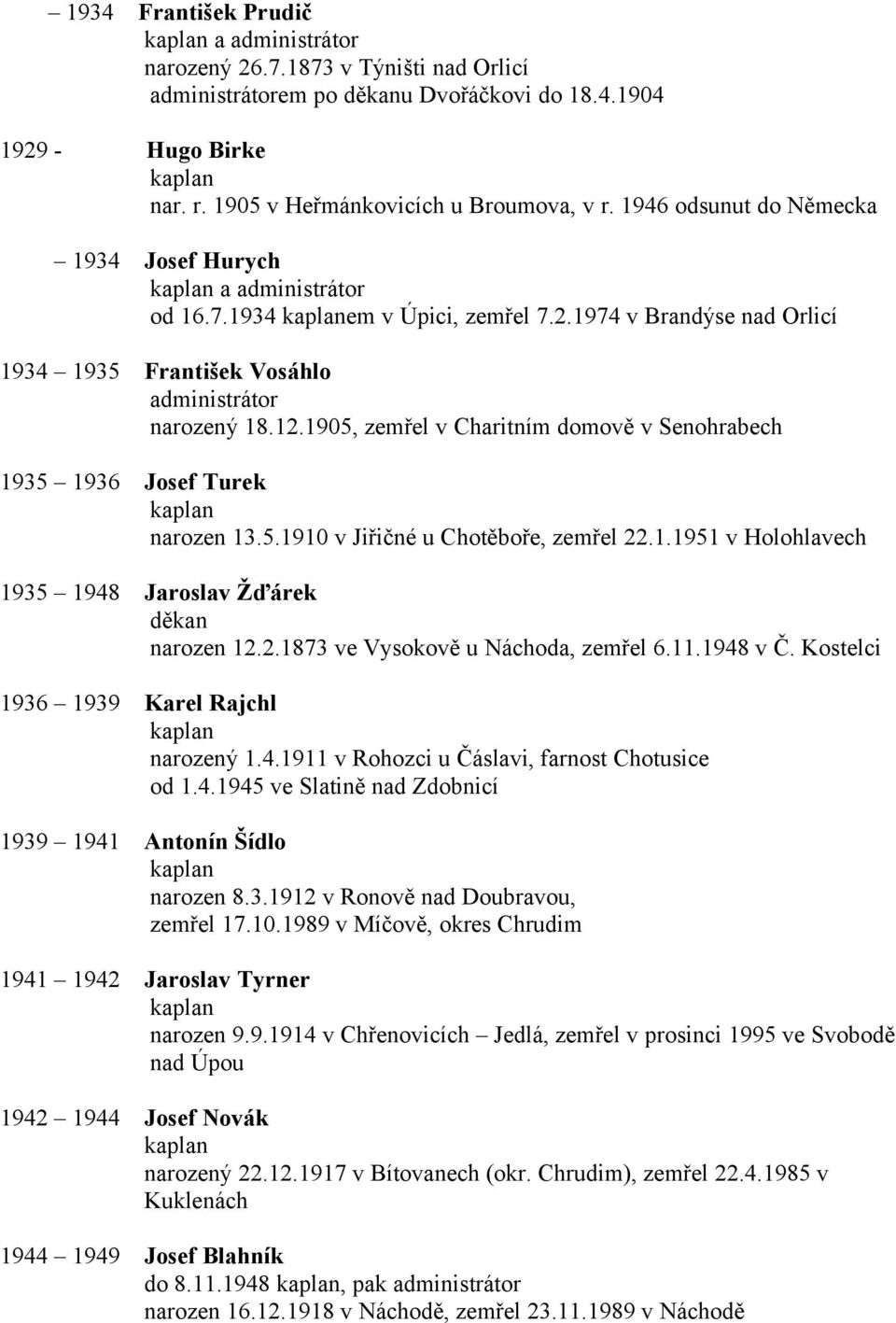 1905, zemřel v Charitním domově v Senohrabech 1935 1936 Josef Turek narozen 13.5.1910 v Jiřičné u Chotěboře, zemřel 22.1.1951 v Holohlavech 1935 1948 Jaroslav Žďárek děkan narozen 12.2.1873 ve Vysokově u Náchoda, zemřel 6.