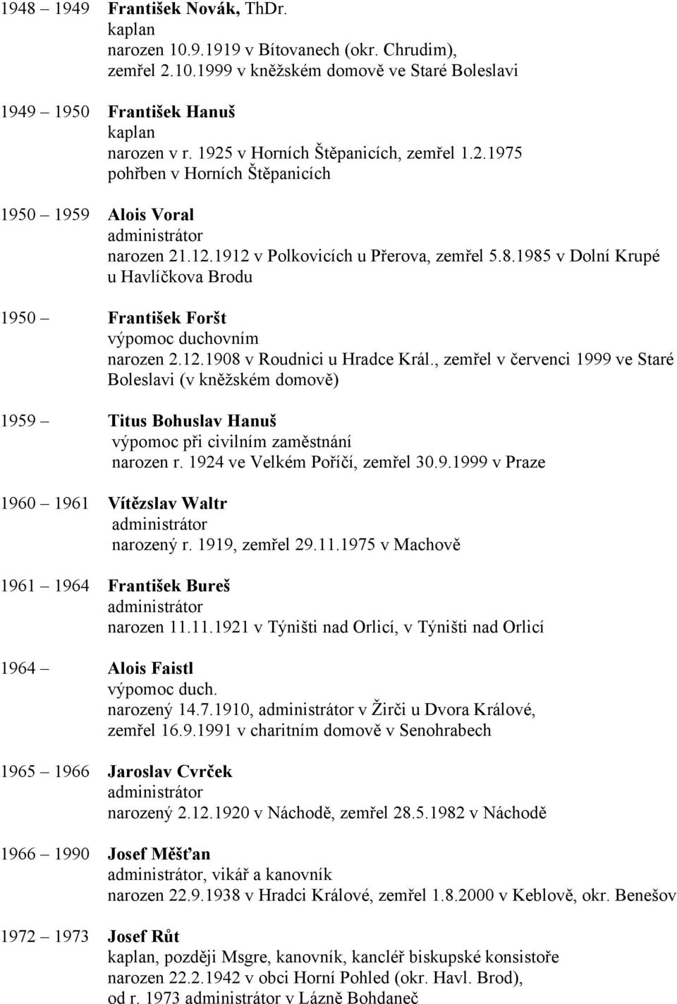 1985 v Dolní Krupé u Havlíčkova Brodu 1950 František Foršt výpomoc duchovním narozen 2.12.1908 v Roudnici u Hradce Král.