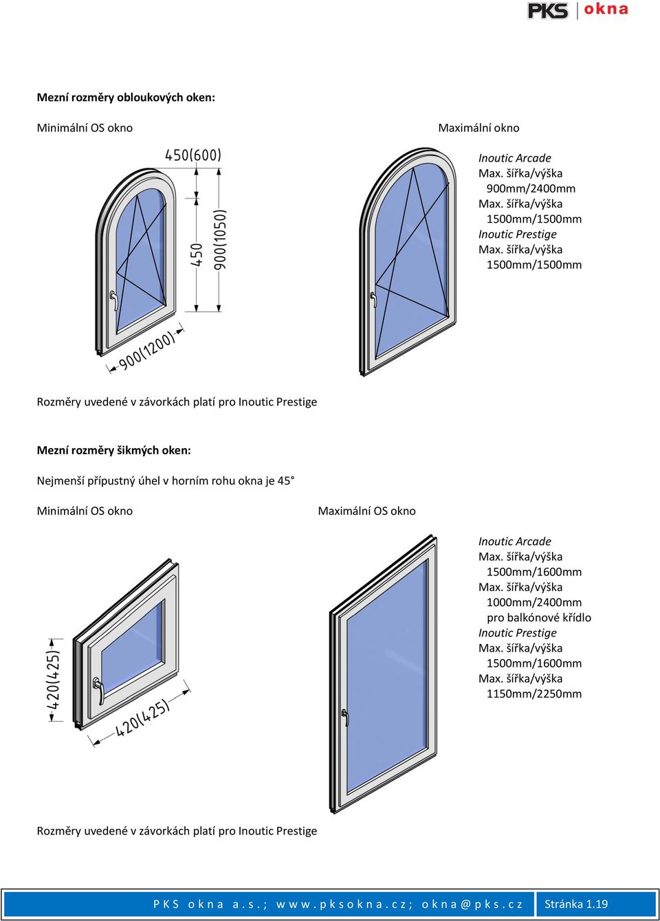Minimální OS okno Maximální OS okno Inoutic Arcade 1500mm/1600mm 1000mm/2400mm pro balkónové křídlo Inoutic Prestige 1500mm/1600mm