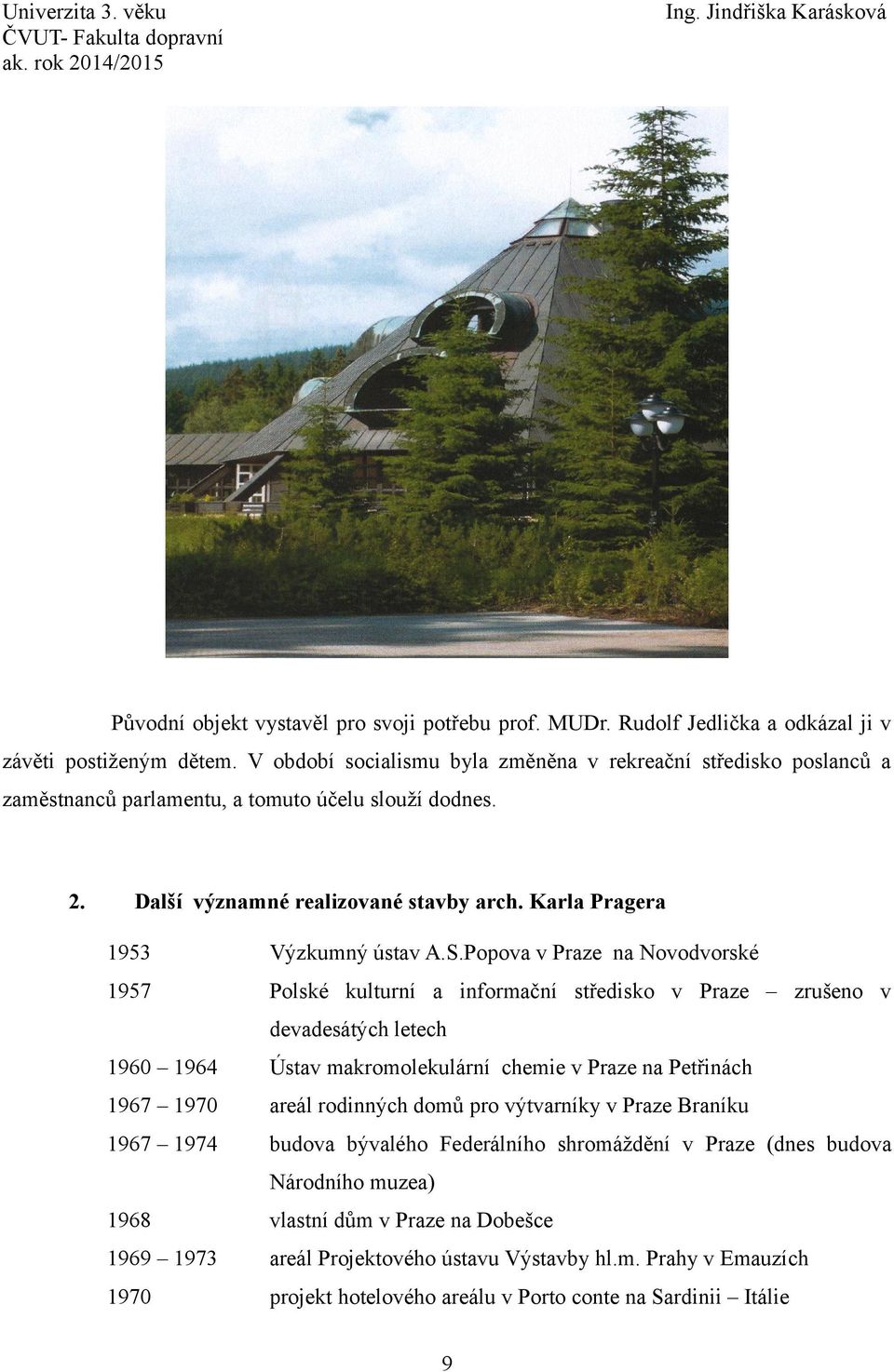 S.Popova v Praze na Novodvorské 1957 Polské kulturní a informační středisko v Praze zrušeno v devadesátých letech 1960 1964 Ústav makromolekulární chemie v Praze na Petřinách 1967 1970 areál