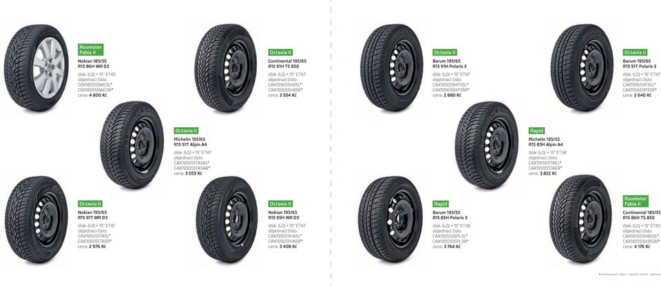 CAX195655TA5AR* cena: 3 053 Kč Rapid Michelin 195/55 R15 85H Alpin A4 disk: 6,0J 15" ET38 CAX195555TAEL* CAX195555TAER* cena: 3 822 Kč Rapid Nokian 195/65 R15 91T WR D3 Nokian 195/65 R15 95H WR D3