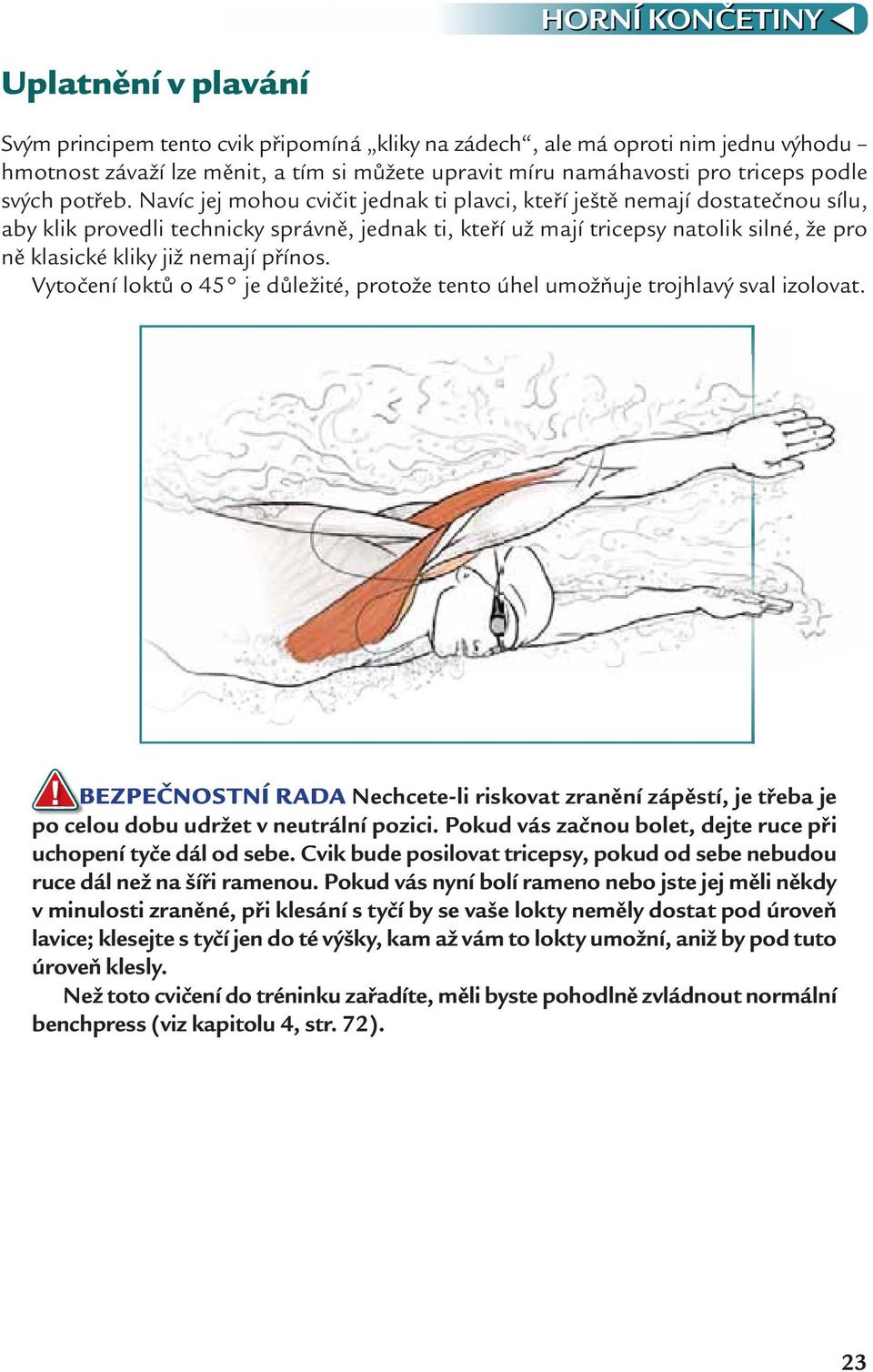 Navíc jej mohou cvičit jednak ti plavci, kteří ještě nemají dostatečnou sílu, aby klik provedli technicky správně, jednak ti, kteří už mají tricepsy natolik silné, že pro ně klasické kliky již nemají