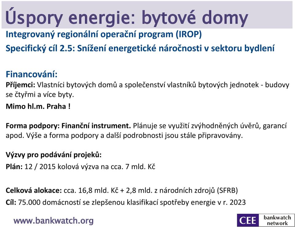 více byty. Mimo hl.m. Praha! Forma podpory: Finanční instrument. Plánuje se využití zvýhodněných úvěrů, garancí apod.