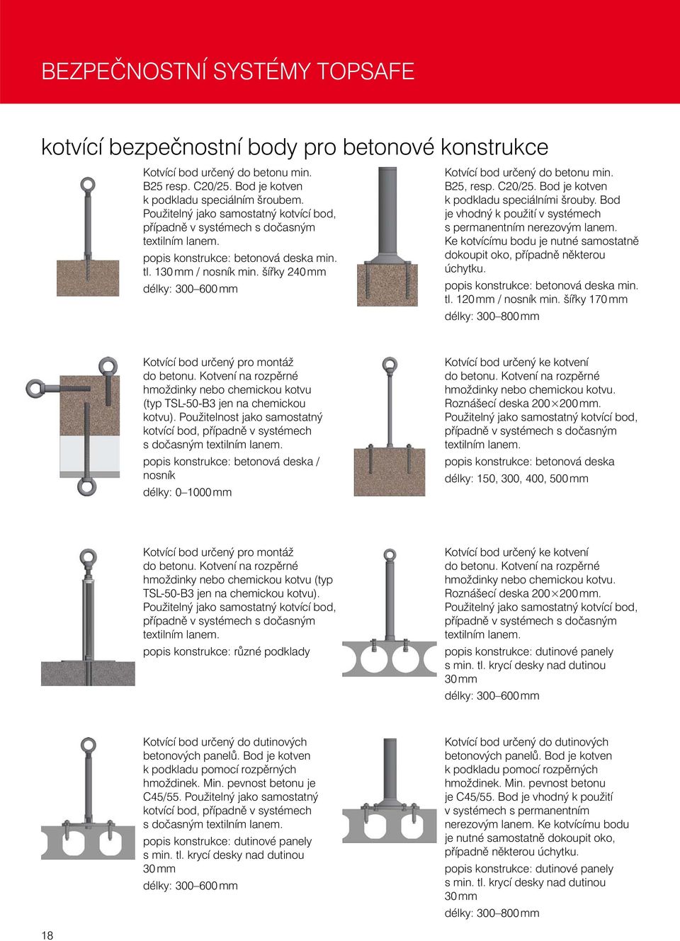 šířky 240 mm délky: 300 600 mm Kotvící bod určený do betonu min. B25, resp. C20/25. Bod je kotven k podkladu speciálními šrouby. Bod je vhodný k použití v systémech s permanentním nerezovým lanem.