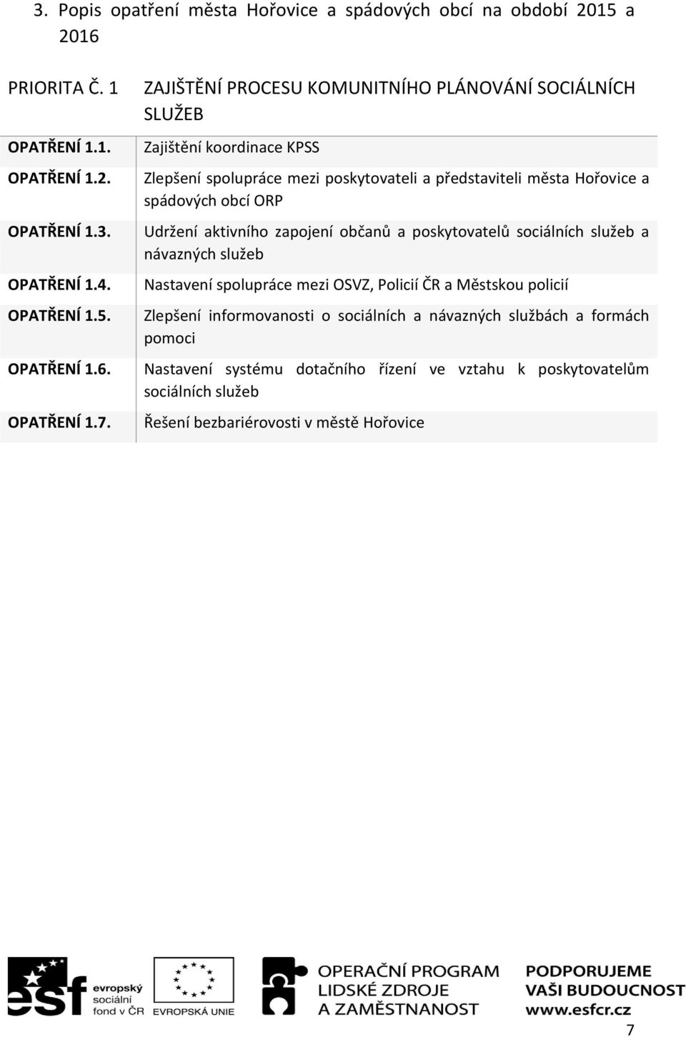 Udržení aktivního zapojení občanů a poskytovatelů sociálních služeb a návazných služeb Nastavení spolupráce mezi OSVZ, Policií ČR a Městskou policií Zlepšení informovanosti o