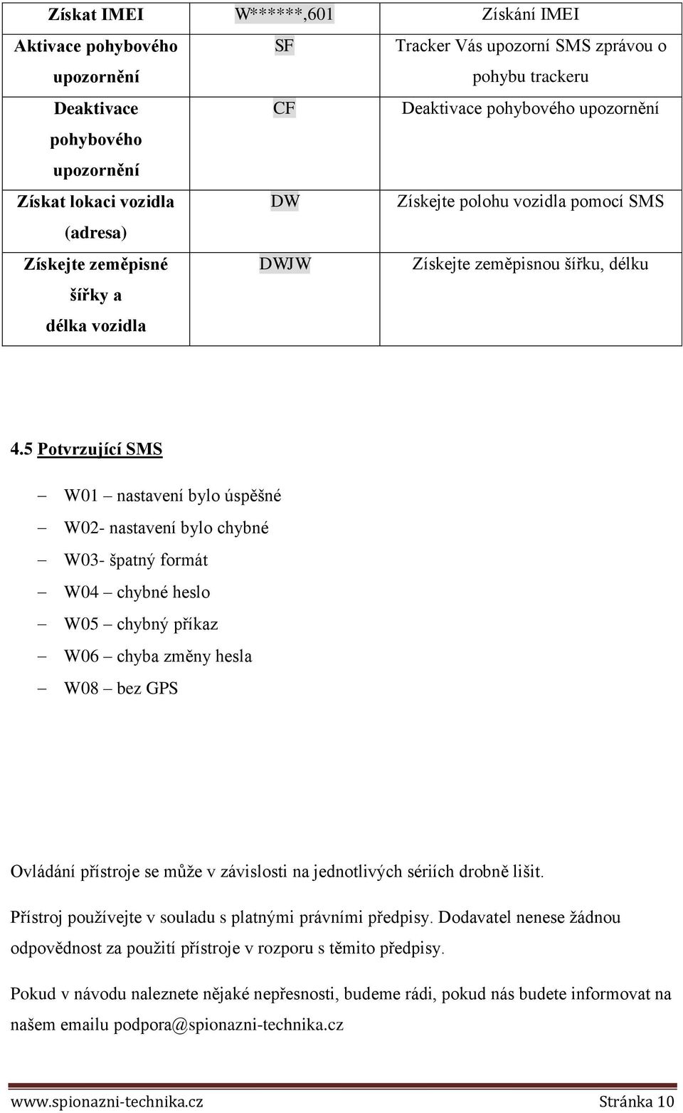 5 Potvrzující SMS W01 nastavení bylo úspěšné W02- nastavení bylo chybné W03- špatný formát W04 chybné heslo W05 chybný příkaz W06 chyba změny hesla W08 bez GPS Ovládání přístroje se může v závislosti