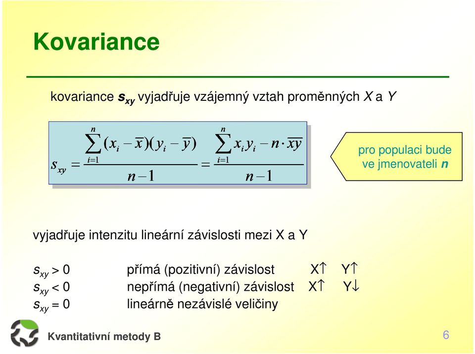 závislosti mezi X a Y s xy > 0 přímá (pozitivní) závislost X Y s xy <