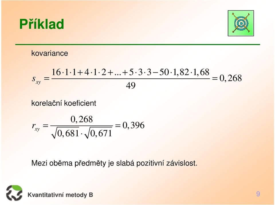 korelační koeficient 0,268 r xy = = 0,681