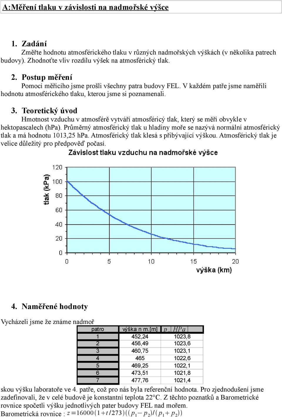 V každém patře jsme naměřili hodnotu atmosférického tlaku, kterou jsme si poznamenali. 3.