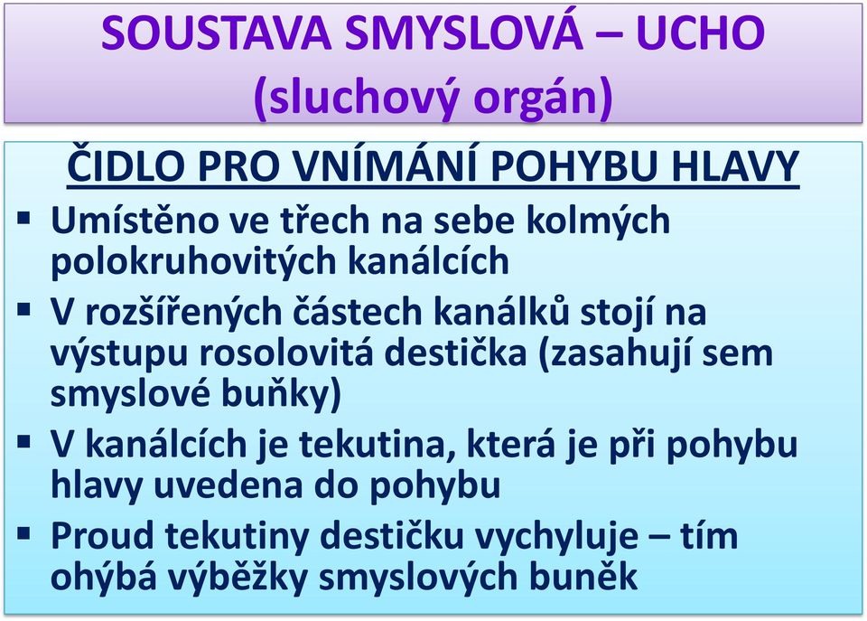 (zasahují sem smyslové buňky) V kanálcích je tekutina, která je při pohybu hlavy