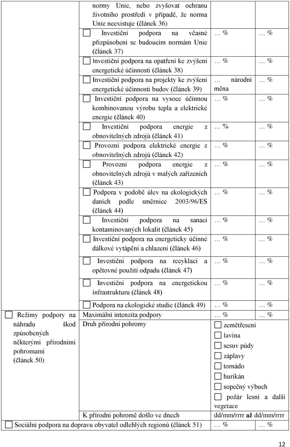 účinnosti budov (článek 39) Investiční podpora na vysoce účinnou kombinovanou výrobu tepla a elektrické energie (článek 40) Investiční podpora energie z obnovitelných zdrojů (článek 41) Provozní