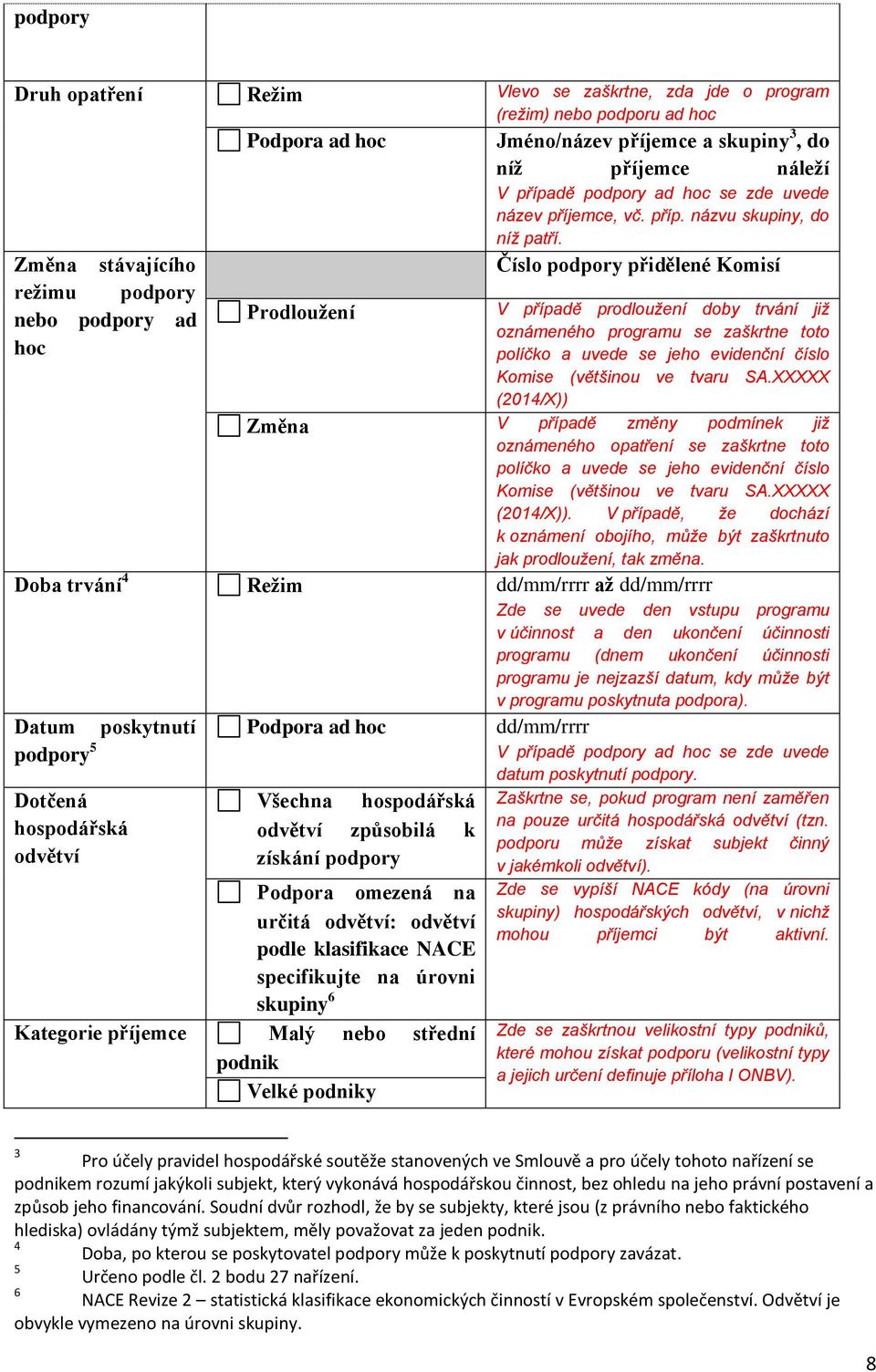 Změna stávajícího Číslo podpory přidělené Komisí režimu podpory nebo podpory ad hoc Prodloužení V případě prodloužení doby trvání již oznámeného programu se zaškrtne toto políčko a uvede se jeho