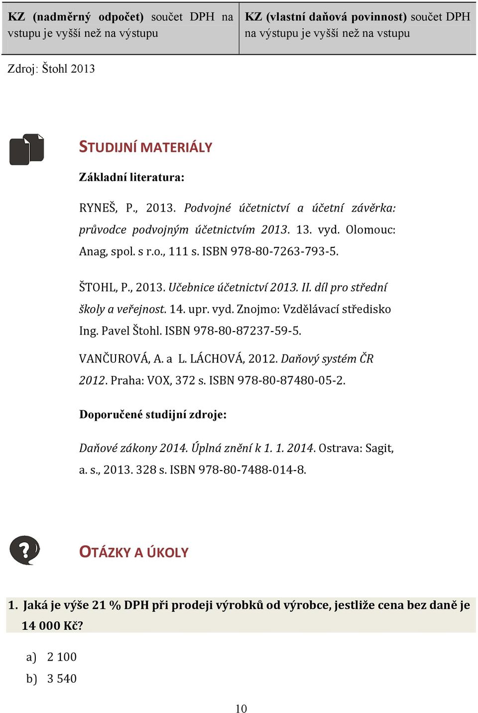 II. díl pro střední školy a veřejnost. 14. upr. vyd. Znojmo: Vzdělávací středisko Ing. Pavel Štohl. ISBN 978-80-87237-59-5. VANČUROVÁ, A. a L. LÁCHOVÁ, 2012. Daňový systém ČR 2012. Praha: VOX, 372 s.