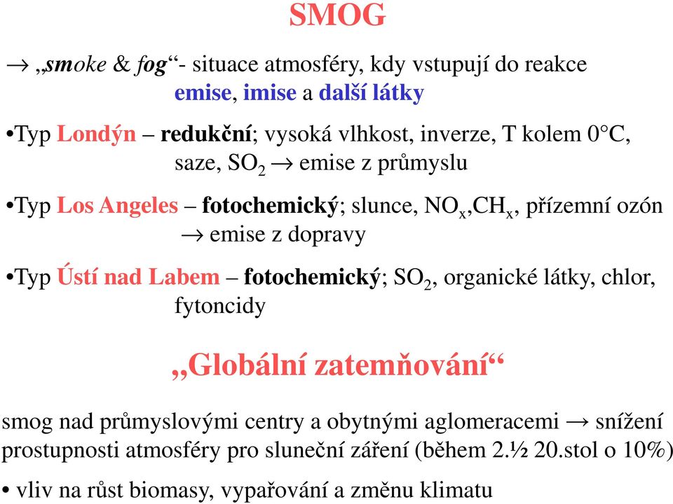 Typ Ústí nad Labem fotochemický; SO 2, organické látky, chlor, fytoncidy Globální zatemňování smog nad průmyslovými centry a