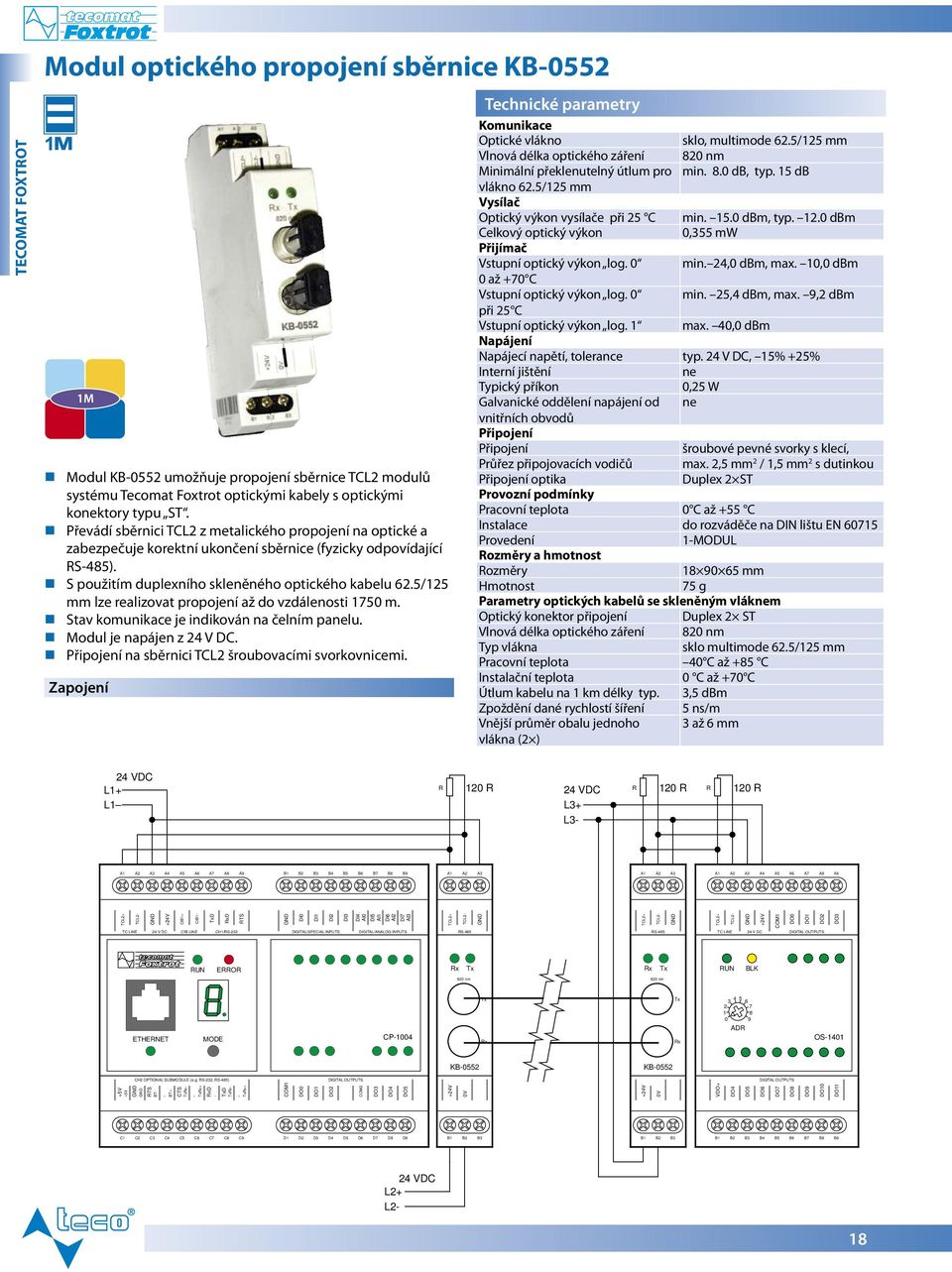 5/15 mm lze realizovat propojení až do vzdálenosti 1750 m. Stav komunikace je indikován na čelním panelu. Modul je napájen z 4 V DC. na sběrnici TCL šroubovacími svorkovnicemi.